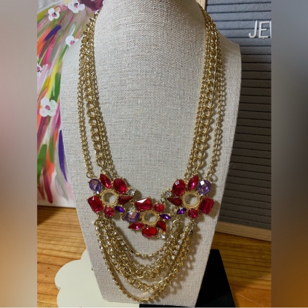 Gold with Pink & Purple Gems Statement Necklace